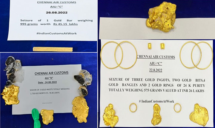 Seizure of 6.2 Kgs of Gold worth Rs.2.83 Crores: சென்னை விமான நிலையத்தில் ரூ.2.83 கோடி மதிப்பு தங்கம் பறிமுதல்