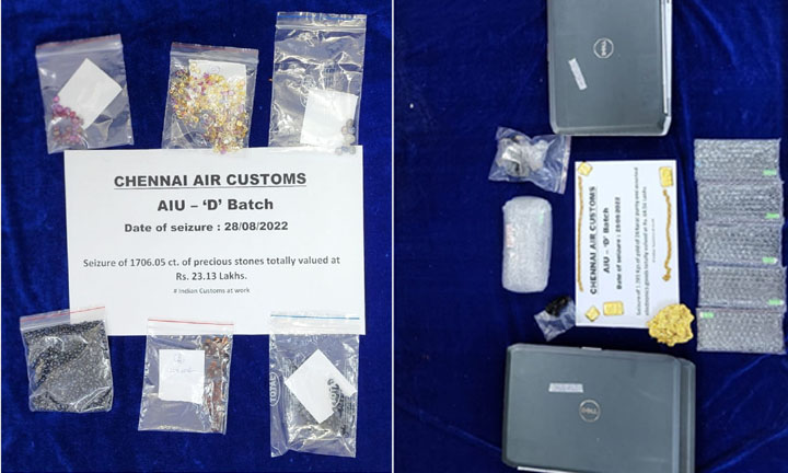 Precious stones seizure by Chennai Air Customs: சென்னை விமான நிலையத்தில் தங்கம், விலை உயர்ந்த கற்கள் பறிமுதல்